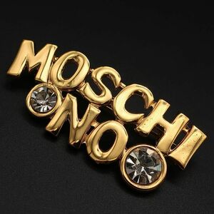 正規品 モスキーノ MOSCHINO 特大ロゴ Large Logo ブローチ Brooch ラインストーン Gold Rhinestones Vintage Authentic Mint