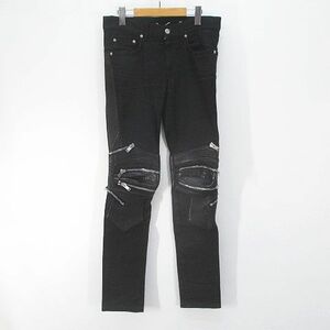 サンローラン パリ SAINT LAURENT PARIS 330285 Y859F ロング丈 ニージップ レザー切替 デニムパンツ 黒系 ブラック ジップフライ 綿 コッ