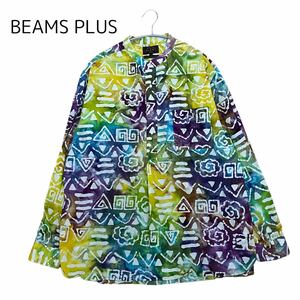 【BEAMS+】 21ss 日本製 バティックプリント バンドカラーシャツ XL