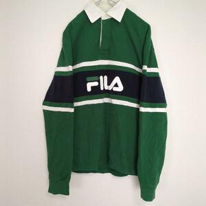 FILA フィラ ラガーシャツ ボーダー プリントロゴ グリーン ストレッチ XS