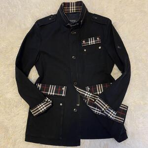 【極美品/L】バーバリーブラックレーベル 薄手 ミリタリージャケット BURBERRY BLACK LABEL テーラード メガノバチェック 春物 黒 三陽商会