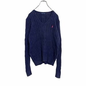 RALPH LAUREN ケーブルニット ウィメンズ M ネイビー ピンク ラルフローレン コットンニット 古着卸 アメリカ仕入れ a403-6126