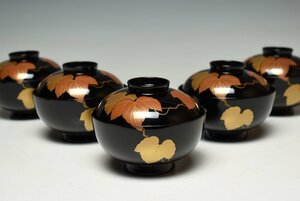 【蔵A2881b】輪島塗　黒塗蔦蒔絵　吸物椀　汁椀　五客　共箱