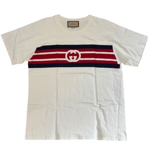 GUCCI 21SS INTERLOCK DOUBLE G STRIPE PRINTING SHORT SLEEVE CREAMY WHITE T-SHIRT 616036-XJDAG-9095 グッチ インターロッキング GGロゴ