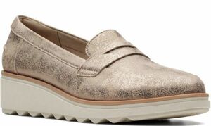 Clarks 25cm ローファーウエッジ Pewter ソフトメタリック スエード レザー 革 フラット スリッポン パンプス スニーカー バレエ 969