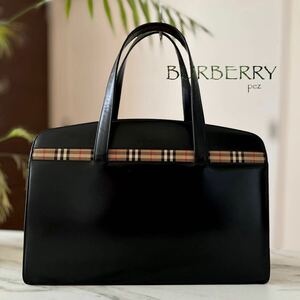 超美品 BURBERRY バーバリー レザーハンドバッグ＊ノバチェック レディース 牛革 本革 ブラック 黒 トート ビジネス 通勤 入学卒業