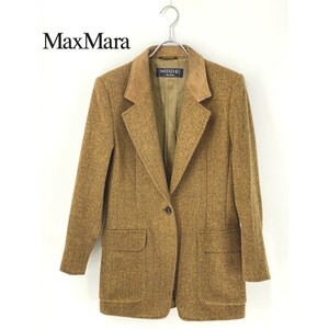 A9653/美品 秋冬 MAXMARA マックスマーラ ウール ツイード くるみボタン エルボパッチ レザー テーラード ジャケット 40 L程 茶 レディース