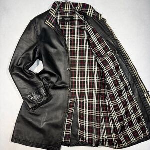 最高級ラムレザー/希少Lサイズ◎ BURBERRY BLACK LABEL バーバリー メンズ レザーコート ロング ノバチェック メタルボタン ブラック 黒 