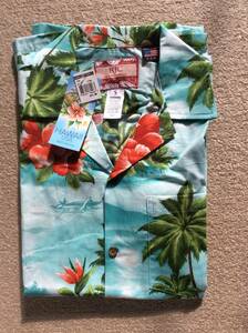 送料込　新品未使用　タグ付　半袖 ハワイアンシャツ アロハシャツ　メンズ ヤシの木と花柄　ターコイズブルー　ハワイ製　開襟　サイズS
