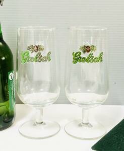 非売品　オランダ　No１ Beer grolsch　グロルッシュ　オリジナル脚付きグラス　２個セット　サイズ１６cm