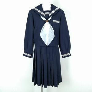 1円 セーラー服 ジャンパースカート スカーフ 上下3点セット 冬物 白3本線 女子 学生服 兵庫山陽中学 紺 制服 中古 ランクC NA8321