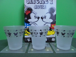 ミッキーマウス　ガラスコースター付きグラス三個セット