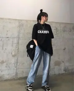 レディース 半袖 Tシャツ シンプル ロゴプリント ストリート 韓国 黒 XL