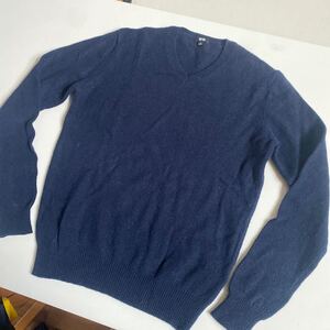 セール 即決1円 ウール100%【UNIQLO】ユニクロ クルーネック ニット セーター 長袖 シンプル トップス 無地 カジュアル ネイビー メンズ M