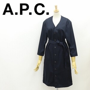 ◆A.P.C. アーペーセー ストレッチ リネン混 コットン 七分袖 リボンベルト付 スプリング コート 紺 ネイビー 34