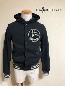 Polo Ralph Lauren ポロ ラルフローレン スウェット スタジャン ジャケット フーディ チェーンステッチ サイズ XS 長袖 黒 165/88A 裏起毛