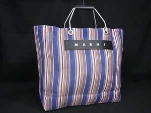 1円 ■美品■ MARNI マルニ フラワーカフェ PVC ハンドバッグ トートバッグ メンズ レディース ブルー系×マルチカラー FH1136