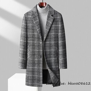 超希少◆ロングコート チェック柄 紳士スーツ ウールコート 厚手 WOOL*セレブ ビジネスコート メンズコート 秋冬 新品 アウター グレー 3XL