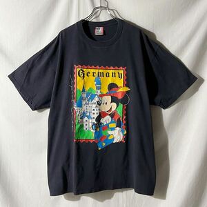 90s USA製 Disney ディズニー ミッキー Tシャツ 黒 ブラック Germany ONE SIZE FITS ALL アメリカ製 キャラクター ヴィンテージ OLD