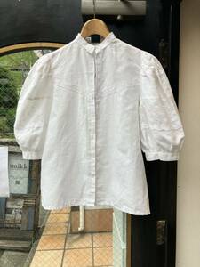 ヨーロッパ古着cotton puff sleeve blouse vintage詩集ブラウス ノーカラー スタンドカラー白 ホワイトblouse shirt半袖シャツLV852