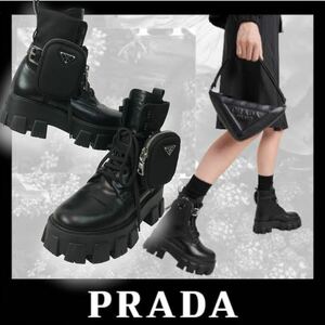 m18 PRADA プラダ モノリス レザー ショートブーツ アンクルポーチ付 ブラック レースアップ 36 イタリア製 正規品 レディース リ ナイロン