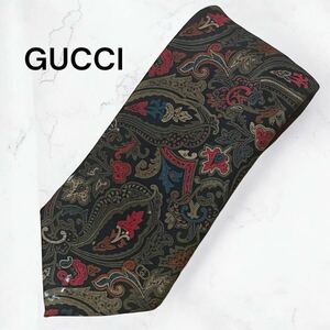 訳あり GUCCI グッチ ネクタイ ウール100% wool ペイズリー マルチカラー 柄 ブラウン イタリア製 メンズ ビジネス シャツ 通勤 破れあり