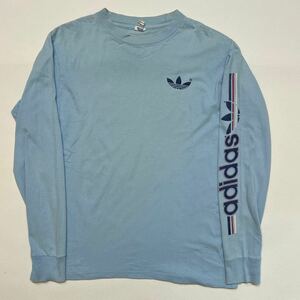 K224 80 年代 アメリカ 製 adidasトリコロール ライン トレフォイル ロゴ ロンT シャツ L アディダス vintage ビンテージ 80s USA ブルー