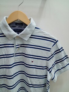 D038 TOMMY HILFIGER トミーヒルフィガー レディースポロシャツ サイズM 薄水色系ストライプ 