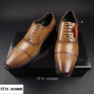 新品★TETE HOMME/テットオム/英国調クラシックデザインカウレザー内羽根ストレートチップドレスシューズ5301/004茶/25ｃｍ