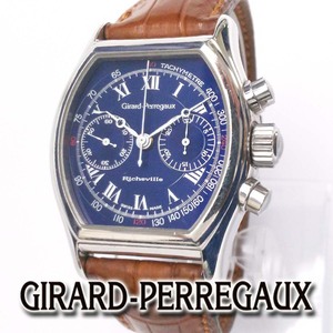 【美品】ジラールペルゴ GIRARD PERREGAUX リシュビル クロノグラフ 2710 青 手巻き クロコ革 純正尾錠 メンズ ap9424【一撃即決】