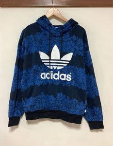 れ1483 adidas originals アディダスオリジナルス プルオーバー スウェットパーカー L ブルー/ネイビー 花柄 裏起毛 トレフォイルプリント