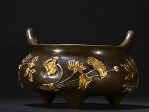 「明代 宣徳 古銅彫 塗金花開富貴老銅香炉」旧銅器 置物擺件 賞物 中国古美術 旧蔵出