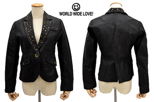 A-2141★美品★WORLD WIDE LOVE! ワールドワイドラブ★秋冬 ブラック黒色 お洒落なスタッズ付き 本革 レザー ロッカージャケット S