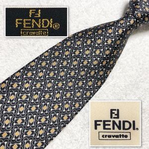 ■美品■FENDI フェンディ　ネクタイ　FFロゴ風　ホースビット　総柄　シルク100% イタリア製　ブラック　ビジネス