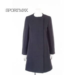 A5568/美品 秋冬 SPORT MAX スポーツマックス MAXMARA ウール スナップボタン ノーカラー ロング 膝丈 ステンカラーコート36 黒/レディース