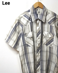 L【Lee S/S CHECK SHIRT INDONESIA リー 半袖チェックシャツ ホワイト/ベージュ/グレー系 古着 オールド】