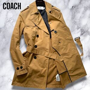 極美品/M-L相当◎COACH トレンチコート ラムレザー使い ロゴプレート ロゴボタン ベルト ロング丈 羊革 コットン キャメル コーチ メンズ