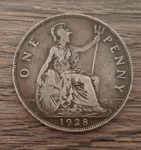 イギリス 英国 ペニーコイン 1928年 ブリタニアのデザイン 直径31mm。重さ9g。