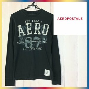 SC12-640★訳アリ・格安★希少サイズ【AEROPOSTALE エアロポステール】プリントロゴ 長袖Ｔシャツ【メンズ XS】黒 ダメージ加工 古着 リブ