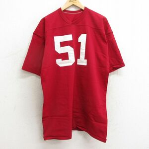 XL/古着 ラッセル 半袖 ビンテージ フットボール Tシャツ メンズ 70s CAMP 51 ロング丈 メッシュ地 Vネック 赤 レッド ユニフォーム ゲーム