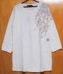 SALE！絡繰魂神楽レディース 10♪(M)L212252桜刺繍チュニック７分袖Tシャツ 