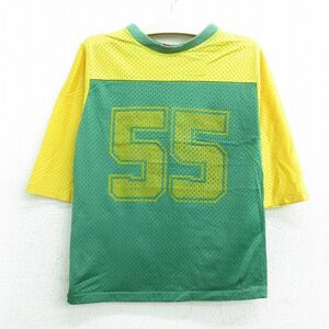 古着 7分袖 ビンテージ フットボール Tシャツ キッズ ボーイズ 子供服 80s 55 メッシュ地 クルーネック ツートンカラー 緑他 グリーン