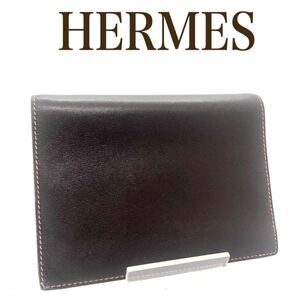 ■外観美品■HERMES エルメス　アジェンダGM 手帳カバー　レザー　シルバー金具　ダークブラウン×オレンジ　フランス製　□D刻印　2000年