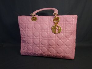 T459　ディオール　Christian Dior　レディディオール　カナージュ　ハンドバッグ　ピンク　ゴールド