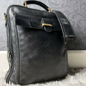 美品◎A4可◎LOEWE 2way メンズ ショルダーバッグ ビジネス アナグラム レザー 黒 ブラック ロエベ ブリーフケース 斜め掛け クロスボディ