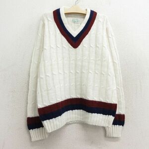 古着 長袖 チルデン ケーブル セーター キッズ ボーイズ 子供服 80s アクリル Vネック 白 ホワイト 23nov28 2OF