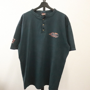 D614 2001年製ビンテージ ハーレーダビッドソン 半袖プリントTシャツ USA製■00s 表記XLサイズ 黒 ブラック ヘンリーネック イーグル 90s