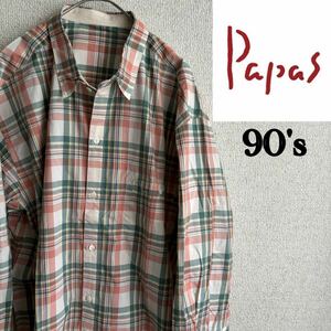 90s 日本製　PAPAS 長袖　チェックシャツ　パパス　Mサイズ　90