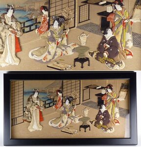 【扇屋】着物生地 浮世絵 額装 画寸法 約74.5cm×約36.5cm 生地 裂 人物画 美人画 日本画