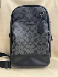 【美品】COACH コーチ M2221-C2932 シグネチャー PVC×レザー ボディバッグ ワンショルダーバッグ 斜め掛け メンズ black◆管No3245